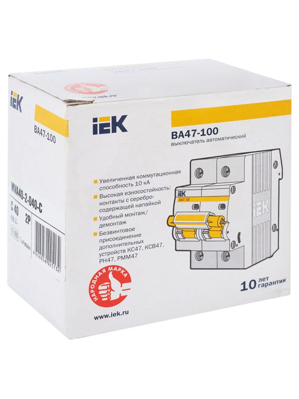  Выключатель автоматический модульный 2п C 40А 10кА ВА47-100 KARAT IEK MVA40-2-040-C фото в каталоге от BTSprom.by