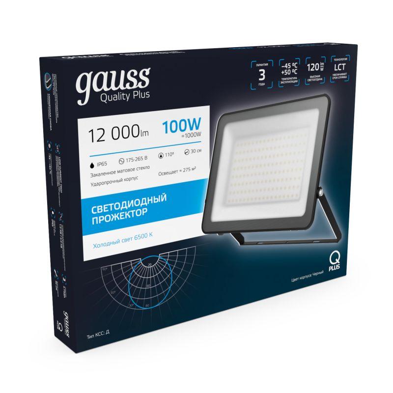  Прожектор светодиодный Qplus 100Вт 6500К IP65 12000лм 175-265В ДО черн. GAUSS 613511100 фото в каталоге от BTSprom.by