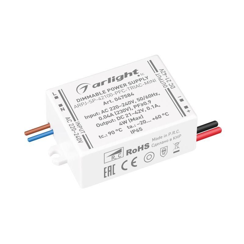 блок питания arpj-sp-42100-pfc-triac-mini (4вт 21-42в 100ма) ip65 пластик arlight 047584 от BTSprom.by