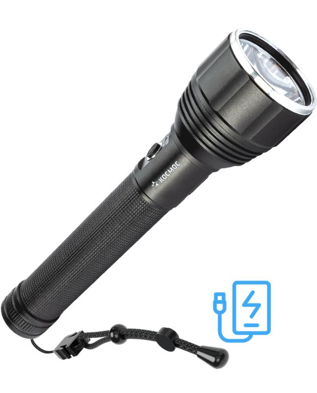 фонарь аккумуляторный ручной 20вт led съемные li-ion 26650 4000ма.чx2шт=8000ма.ч power-bank корпус анодир. алюм. индикатор уровня заряда usb-шнур type c ремешок ручной космос koc131lit от BTSprom.by