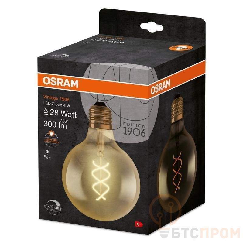 лампа светодиодная филаментная vintage 1906 led dim cl globe125 gold 25 820 4.5вт тепл. бел. e27 диммир. зол. osram 4058075270008 от BTSprom.by