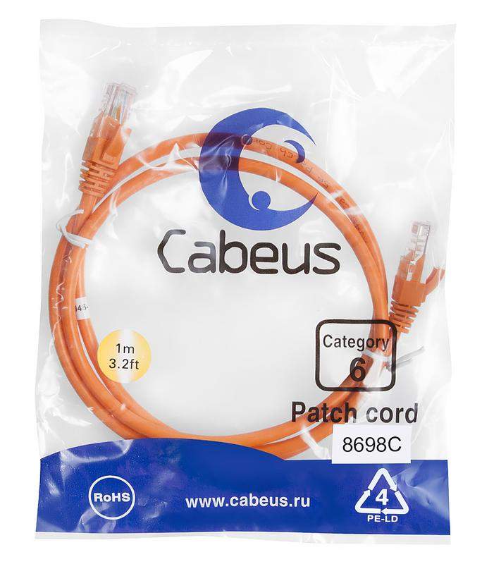 патч-корд u/utp кат.6 pc-utp-rj45-cat.6-1m-or 2xrj45/8p8c неэкранир. pvc 1м оранж. cabeus 8698c от BTSprom.by