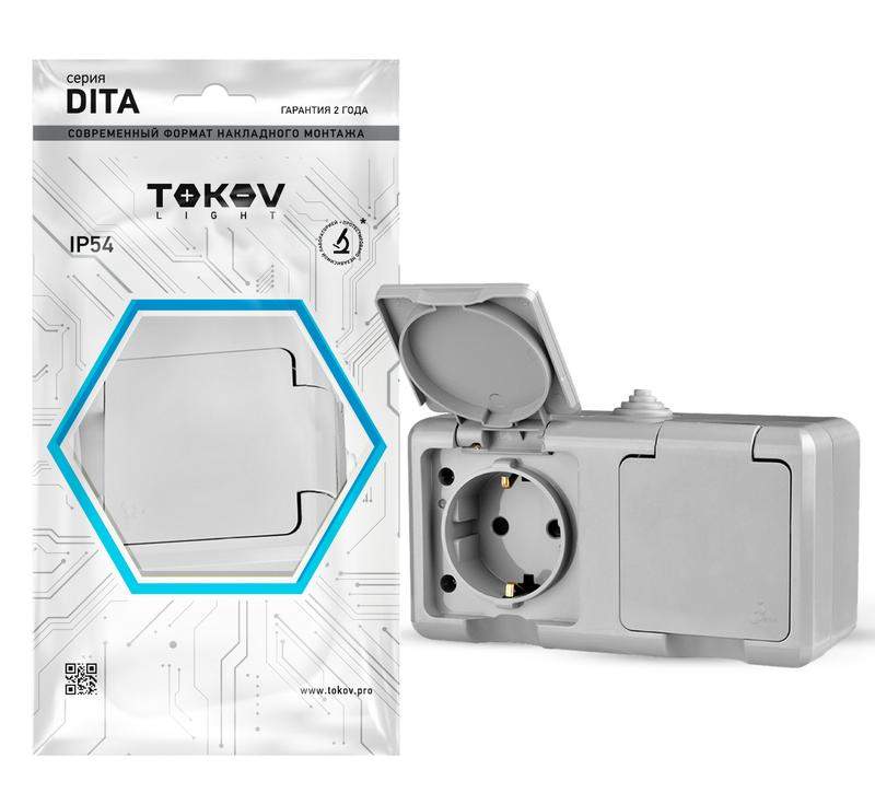 розетка 2-м оп dita 16а ip54 250в с заземл. с крышкой сер. tokov electric tkl-dt-r2z-c06-ip54 от BTSprom.by