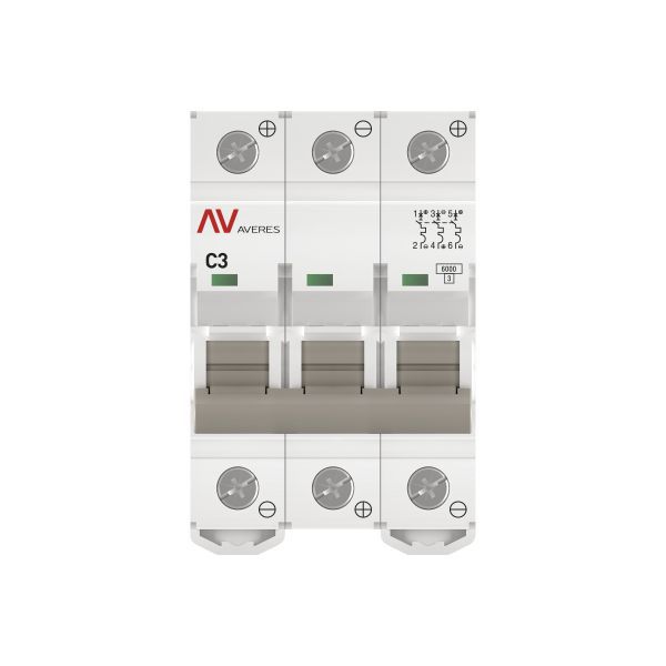  Выключатель автоматический модульный 3п C 3А 6кА AV-6 AVERES EKF mcb6-DC-3-03C-av фото в каталоге от BTSprom.by
