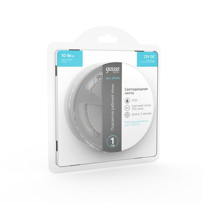  Лента светодиодная Basic 2835/120-SMD 10Вт/м 4000К нейтр. бел. IP20 700лм/м 12В 8мм (уп.5м) GAUSS BT040 фото в каталоге от BTSprom.by