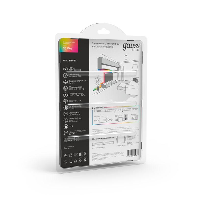  Лента светодиодная Basic 5050/60-SMD 10Вт/м RGB IP20 700лм/м 12В 10мм драйвер (уп.3м) GAUSS BT041 фото в каталоге от BTSprom.by