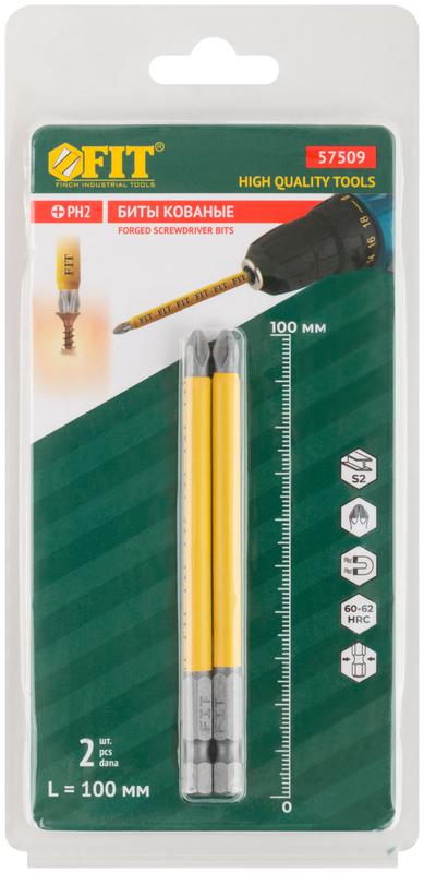  Бита кованая сталь S2 односторон. 100мм PH2 Профи (блист.2шт) FIT 57509 фото в каталоге от BTSprom.by