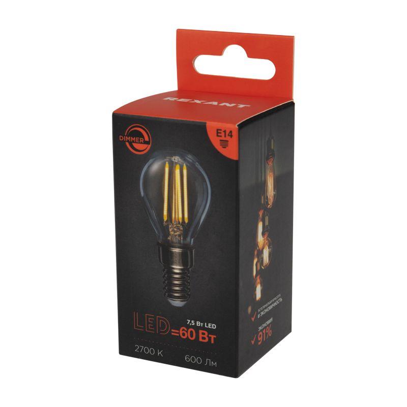Лампа филаментная Шарик GL45 7.5Вт 600лм 2700К E14 диммируемая прозр. колба Rexant 604-125 фото в каталоге от BTSprom.by