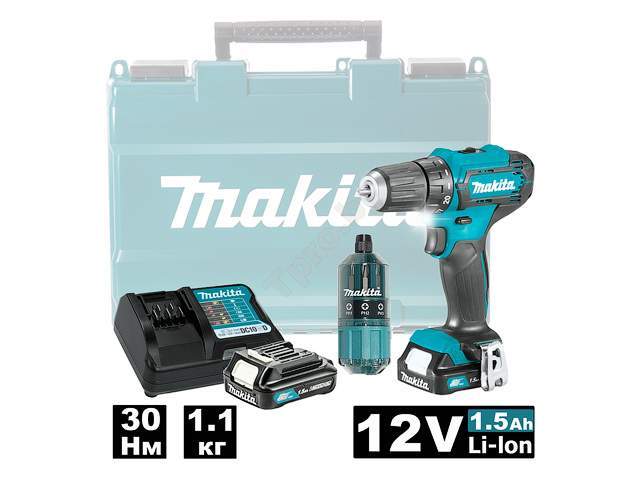 аккум. дрель-шуруповерт makita df 333 dwye в чем. + набор бит (12.0 в, 2 акк., 1.5 а/ч li-ion, 2 скор., 30 нм, шурупы до 8 мм) от BTSprom.by