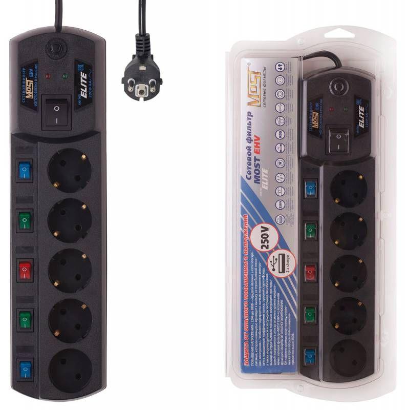 удлинитель с сетевым фильтром 5х5м с заземл. 10а ip20 cca 3х0.75 черн. most 760125 от BTSprom.by