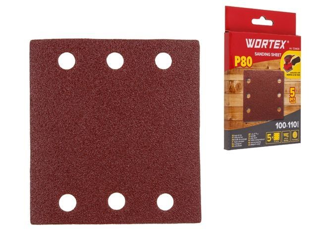 шлифлист 100х110мм р80 д/дерева самосцепл. 6 отв. 5шт wortex (подходит для использования к виброшлифмашине wortex lx ss 1020) 1334430 от BTSprom.by