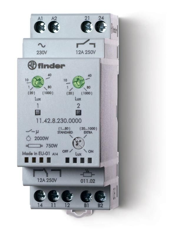фотореле модульное с фотоэлементом 011.02 монтаж на рейку 35мм 1co + 1no 12а (2 канала) 230в ac 1…80люкс 20…1000люкс 35мм фотореле ip20/фотоэлемент ip54 finder 114282300000 от BTSprom.by