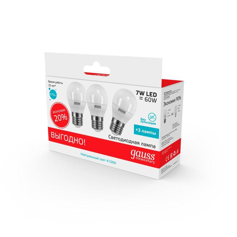 Лампа светодиодная Elementary 7Вт P45 шар 4100К нейтр. бел. E27 470лм промо (уп.3шт) GAUSS 53227T фото в каталоге от BTSprom.by