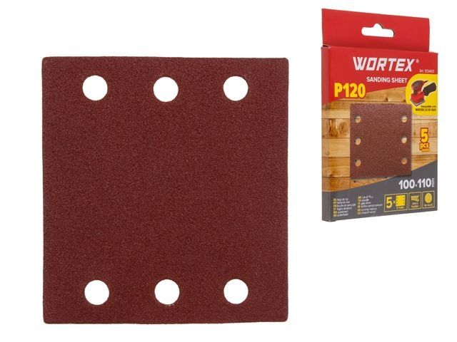 шлифлист 100х110мм р120 д/дерева самосцепл. 6 отв. 5шт wortex (подходит для использования к виброшлифмашине wortex ss 1020) 1334431 от BTSprom.by