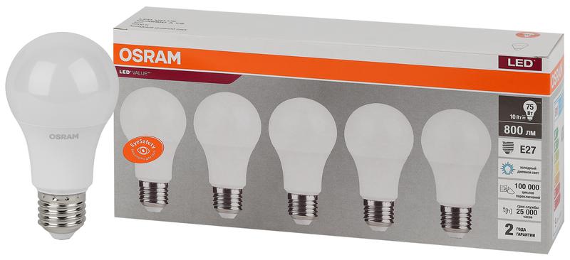 лампа светодиодная led value lvcla75 10sw/865 10вт грушевидная матовая e27 230в 2х5 ru (уп.5шт) osram 4058075577770 от BTSprom.by