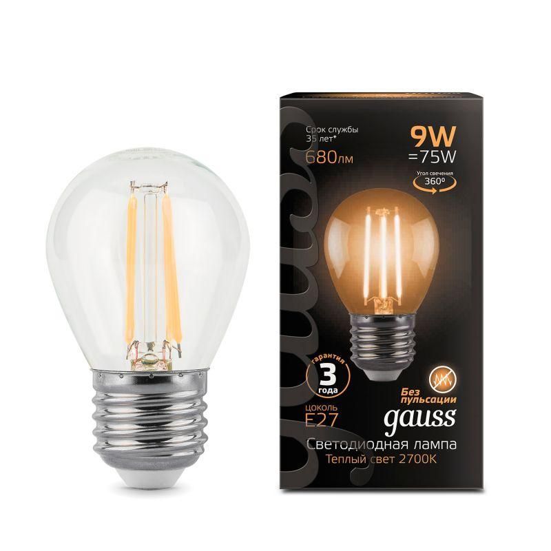 лампа светодиодная филаментная black filament 9вт p45 шар 2700к тепл. бел. e27 680лм gauss 105802109 от BTSprom.by