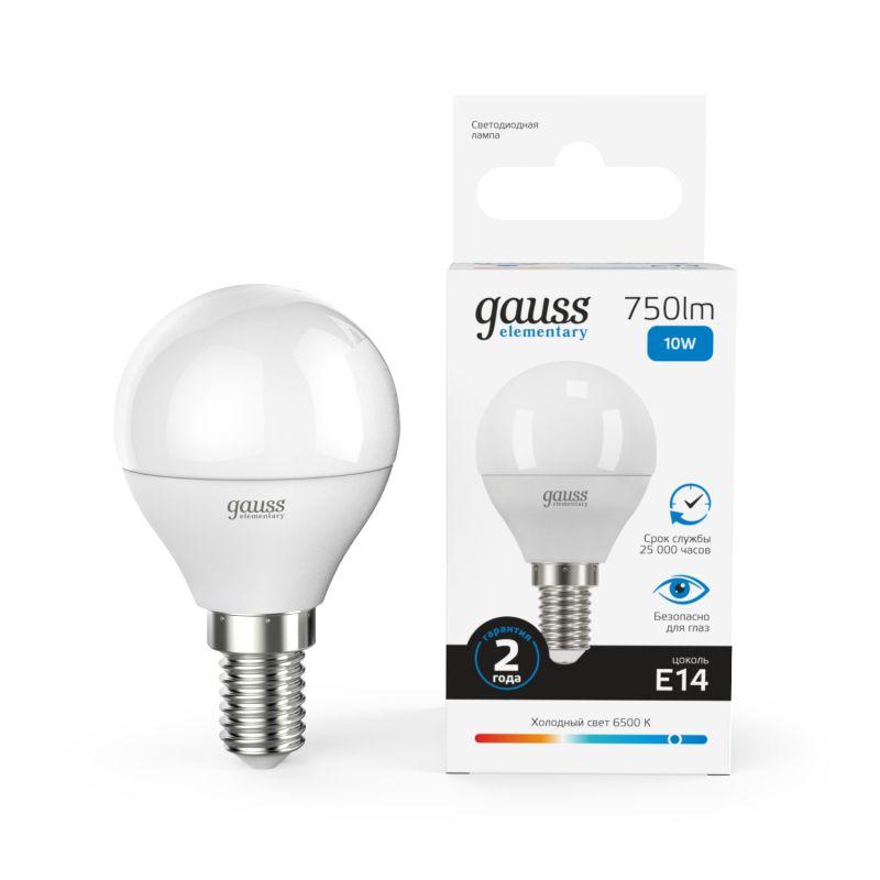 лампа светодиодная elementary 10вт p45 шар 6500к холод. бел. e14 750лм gauss 53130 от BTSprom.by