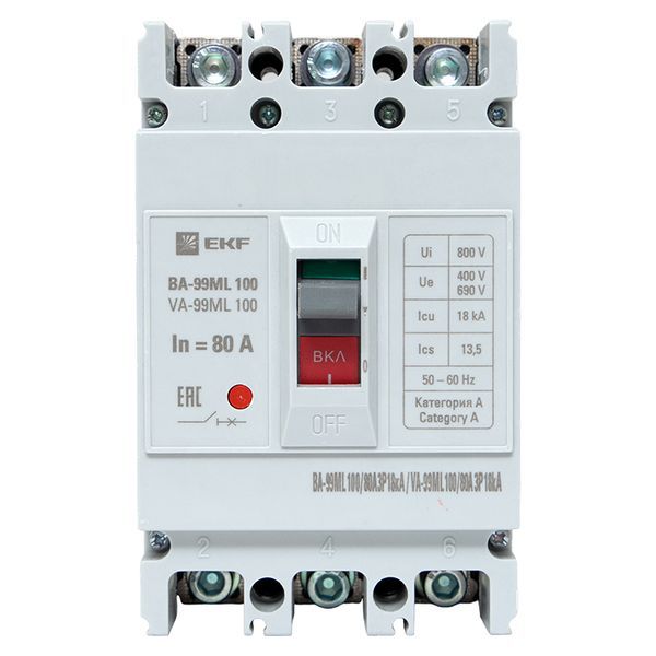  Выключатель автоматический 3п 100/80А 18кА ВА-99МL Basic EKF mccb99-100-80mi фото в каталоге от BTSprom.by