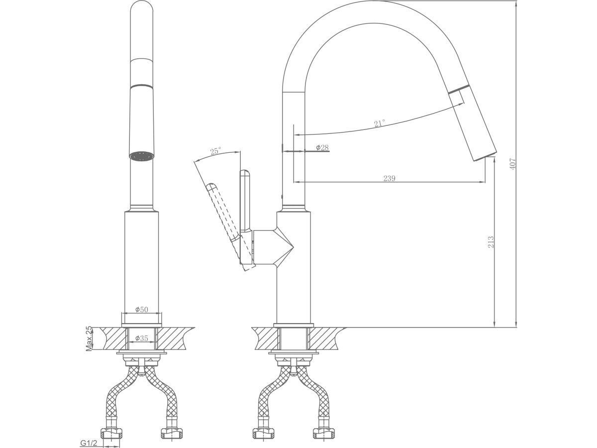  Смеситель для кухни (Lt) D35, серия Lotus черный, a-five (J-излив: длина 208 мм, высота 285 мм, вытягивающийся двухрежимный) A5-0625 фото в каталоге от BTSprom.by