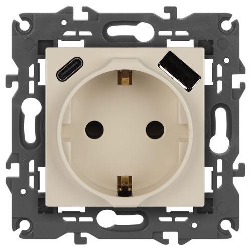 розетка 1-м сп elegance 14-4108-02 16а 250в 2p+e с usb type-a+c 5в-3а защ. шторки сл. кость эра б0067725 от BTSprom.by