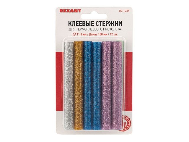 клеевые стержни d=11,3 мм, l=100 мм, цветные с блестками (упак. 12 шт.) (блистер) rexant 09-1235 от BTSprom.by