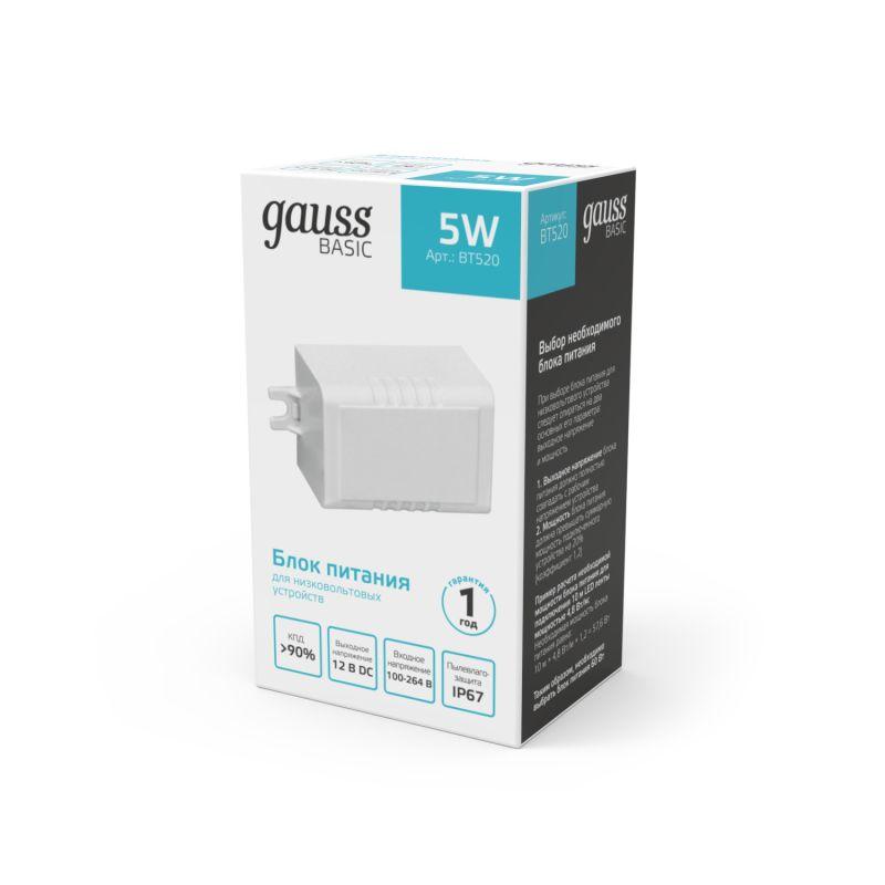  Блок питания для светодиодной ленты Basic 5Вт 12В IP67 герметичный (драйвер) GAUSS BT520 фото в каталоге от BTSprom.by