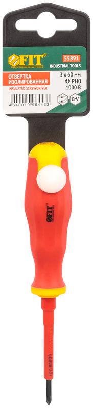  Отвертка изолированная 1000 В CrV сталь прорезиненная ручка 3х60мм РН0 FIT 55891 фото в каталоге от BTSprom.by
