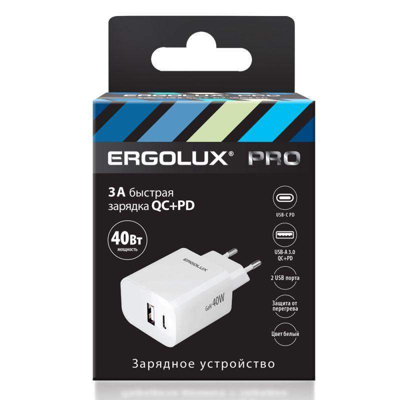 адаптер сетевой elx-рa04qc-c01 gan 40вт 1usb+1type c 100-270в 5в-12в/3 3а qc бел. ergolux 15294 от BTSprom.by