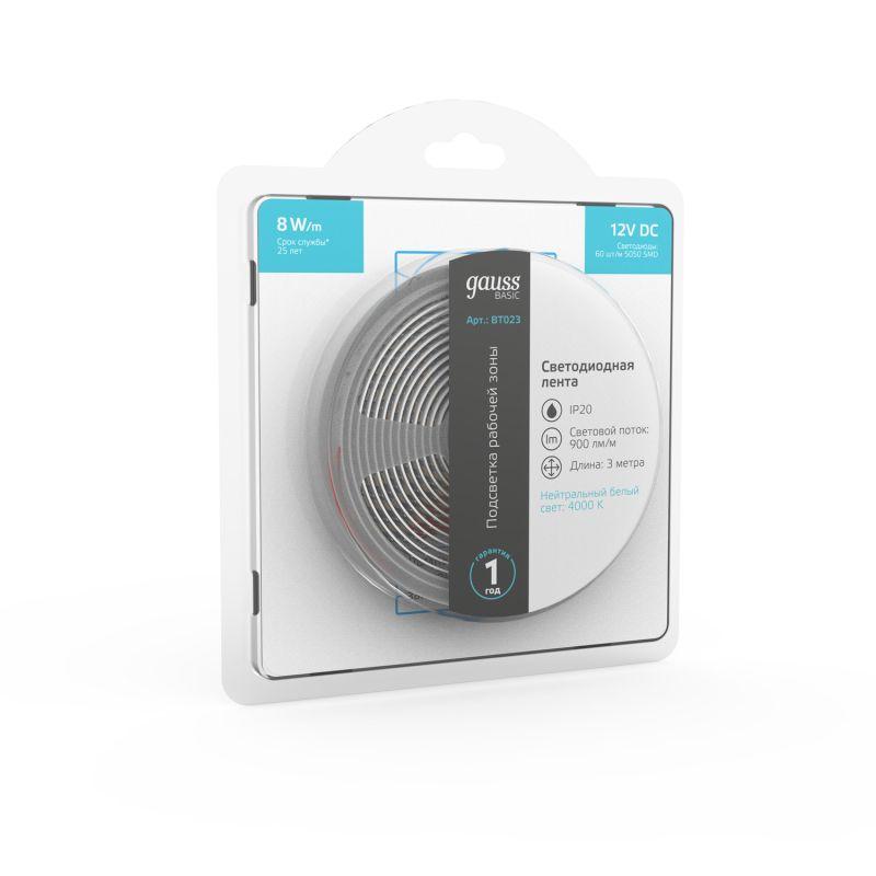 Лента светодиодная Basic 5050/60-SMD 8Вт/м 4000К нейтр. бел. IP20 900лм/м 12В 10мм (уп.3м) GAUSS BT023 фото в каталоге от BTSprom.by