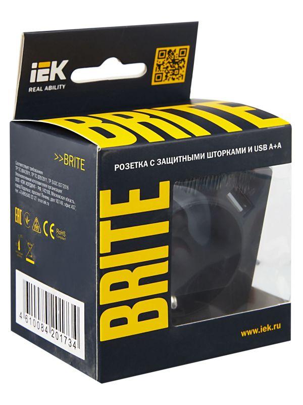  Розетка BRITE РЮш10-1-БрГ 16А с USB A+A 2.1А с заземл. защ. шторки механизм графит IEK BR-R14-16-U21-D21-K53 фото в каталоге от BTSprom.by