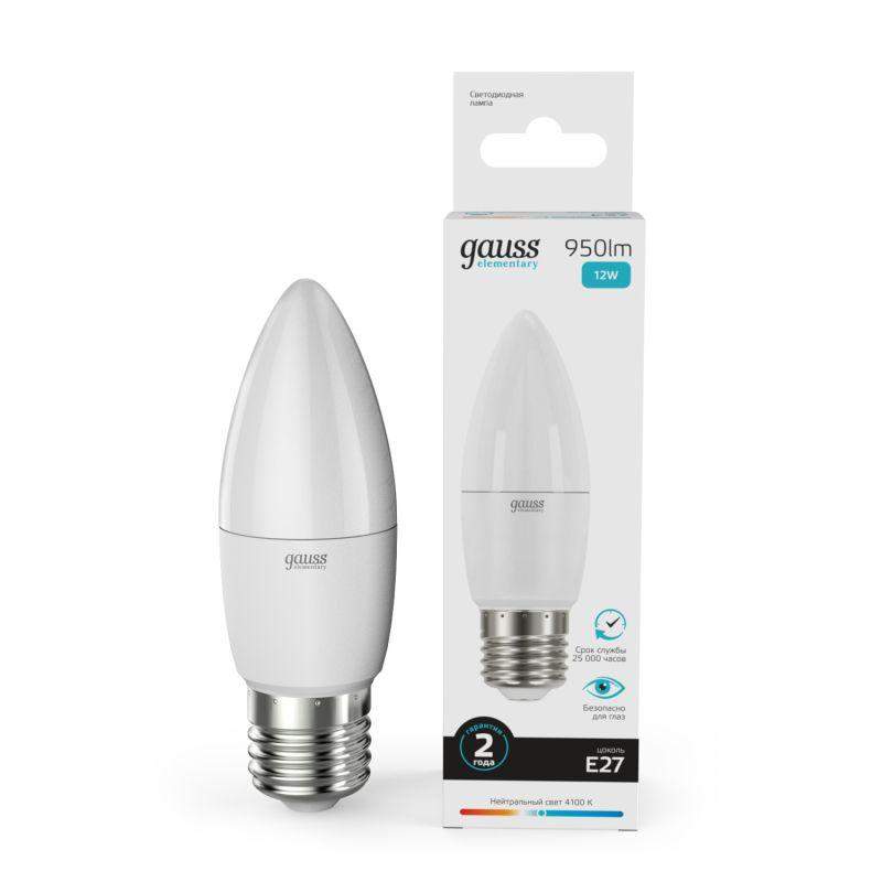 лампа светодиодная elementary 12вт свеча 4100к нейтр. бел. e27 950лм gauss 30222 от BTSprom.by