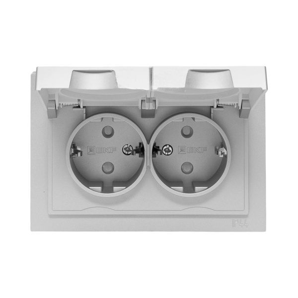  Розетка 2-м СП Эпика 16А IP44 с заземл. защ. шторки с рамкой с крышками механизм алюм. EKF UP1-SOA-211-44 фото в каталоге от BTSprom.by