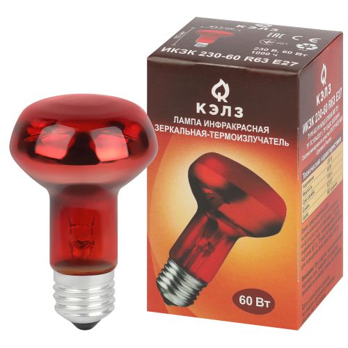 Излучатель тепловой (лампа инфракрасная) ИКЗК 230-60 R63 60Вт Е27 для обогрева животных и освещения КЭЛЗ Б0057281 фото в каталоге от BTSprom.by