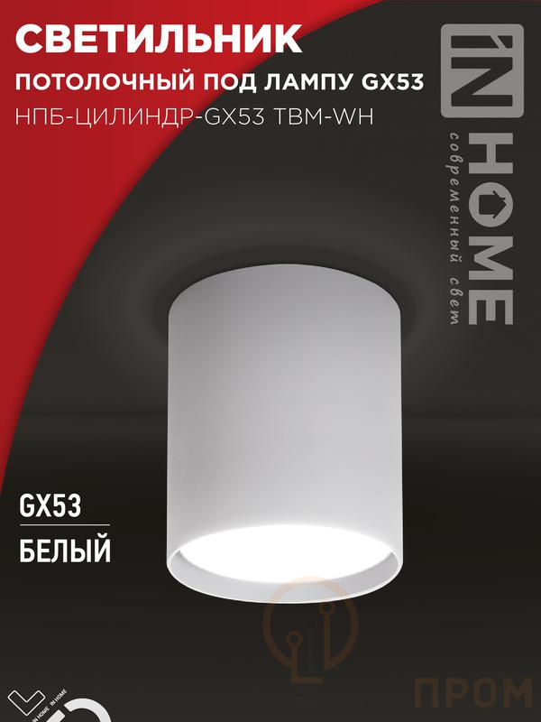 Светильник НПБ-ЦИЛИНДР-GX53 TBM-WH 80х90мм потолочн. бел. IN HOME 4690612056418 фото в каталоге от BTSprom.by  Светильник НПБ-ЦИЛИНДР-GX53 TBM-WH 80х90мм потолочн. бел. IN HOME 4690612056418 фото в каталоге от BTSprom.by