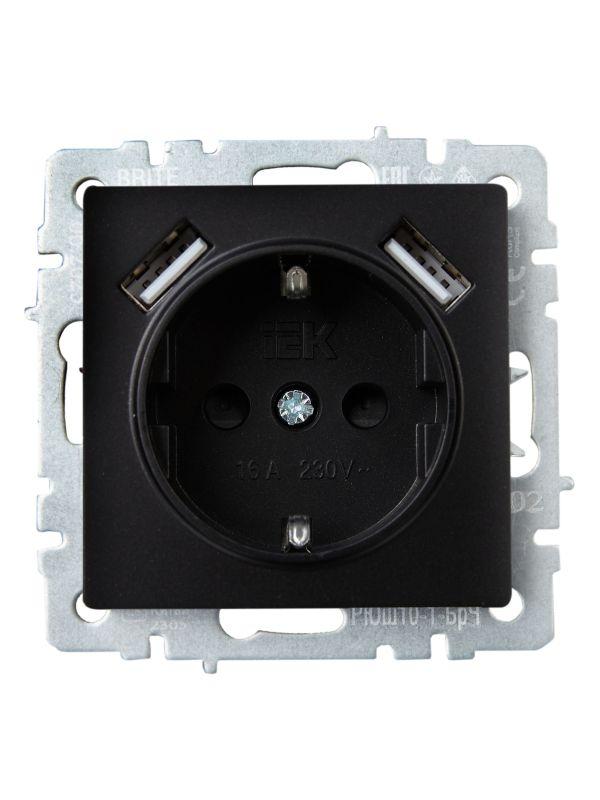  Розетка BRITE РЮш10-1-БрЧ 16А с USB A+A 2.1А с заземл. защ. шторки механизм черн. IEK BR-R14-16-U21-D21-K02 фото в каталоге от BTSprom.by