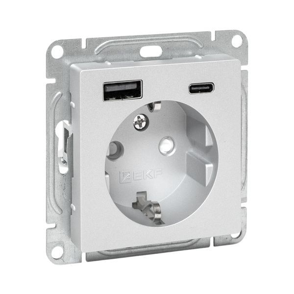 розетка сп эпика 16а с 2 usb-a+с с заземл. защ. шторки механизм алюм. ekf up1-soa-111-usba+usbc от BTSprom.by
