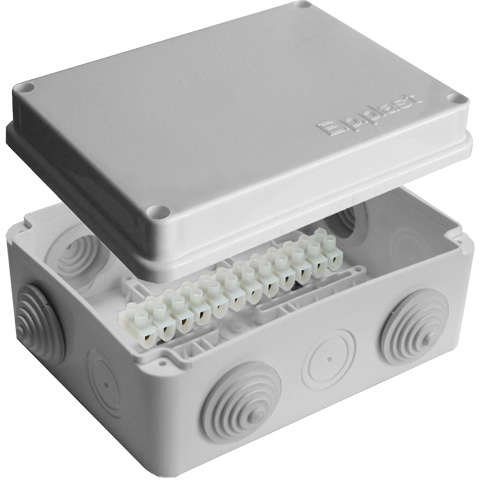 коробка распределительная оп 150х110х70мм ip54 с клемм. 10 выходов 6 гермовводов 10а 12 контактов крышка на винтах сер. epplast 210304 от BTSprom.by