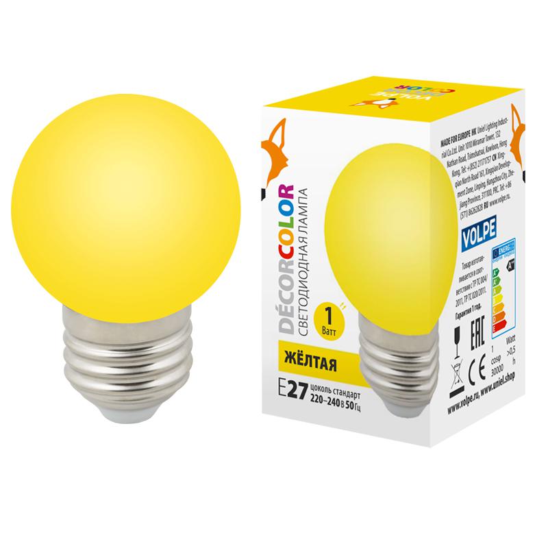 лампа светодиодная led-g45-1w/yellow/e27/fr/с 1вт шар матовая желт. e27 декоративная (упак. картон) volpe ul-00005649 от BTSprom.by