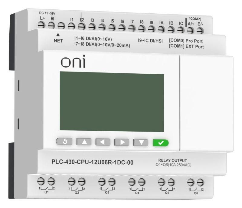 модуль цпу плк 430 4 di 6 ui (0-10в/di) 2 ui (0-10в/0-20ма/di) 6 ro 24в dc с ethernet портом с экраном oni plc-430-cpu-12u06r-1dc-00 от BTSprom.by