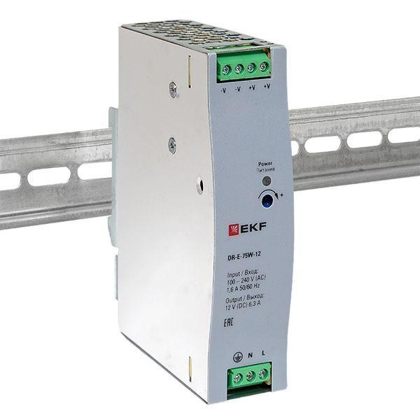  Блок питания на DIN-рейку 75Вт Uвх ~ 220В AC Uвых - 12В DC постоянного тока EKF DR-E-75W-12 фото в каталоге от BTSprom.by