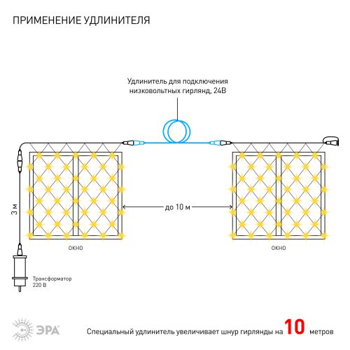  Гирлянда светодиодная "Сеть" 1.2мх1.5м 144LED 24В IP44 тепл. свет( без трансформатора Б0041911) ЭРА Б0041909 фото в каталоге от BTSprom.by