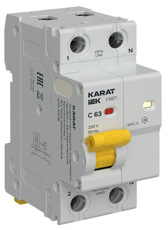 устройство защиты от дугового пробоя с автоматическим выключателем (уздп) 1p+n c 63а karat iek ka-dp11-1-063-c от BTSprom.by