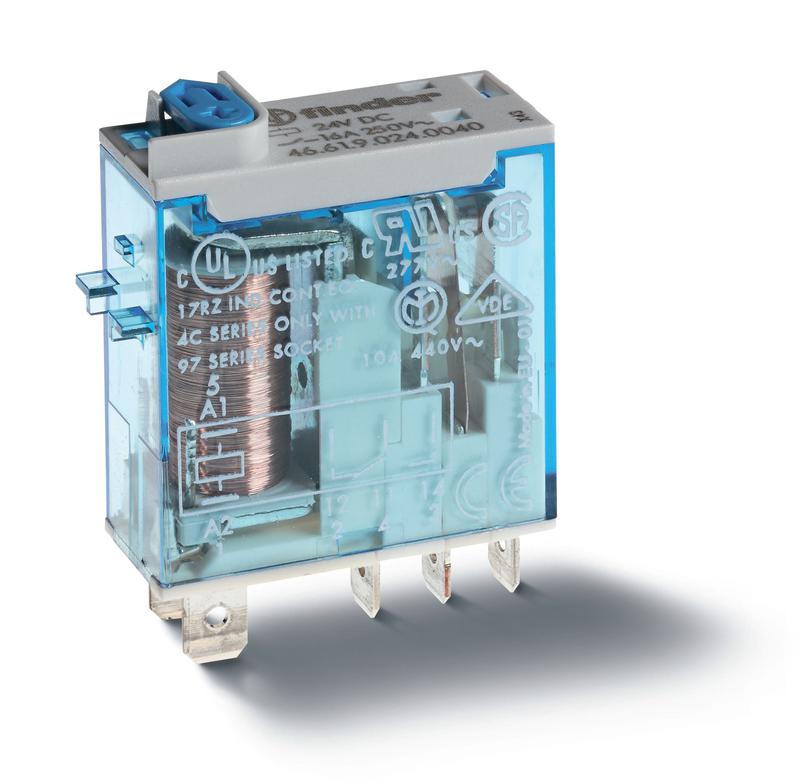 реле миниатюрное промышленное электромеханич. монтаж в розетку или наконечники faston (4.8х0.5мм) 1co 16а agni 24в dc влагозащ. rtii опции: кнопка тест + мех. индикатор finder 466190240040 от BTSprom.by