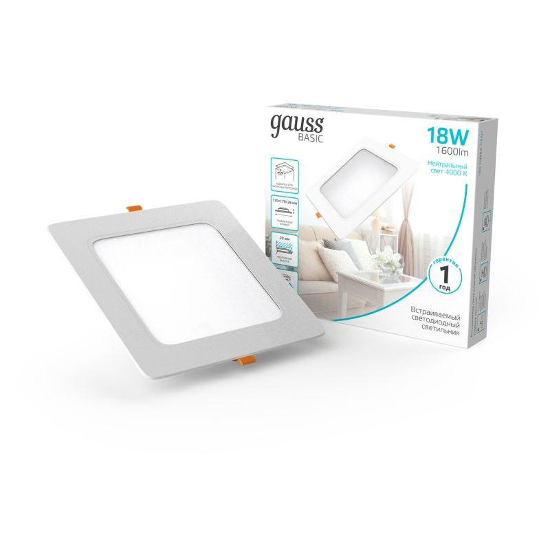 светильник светодиодный basic downlight 18вт 4000к ip20 1600лм 170х26 170-260в монтаж. квадрат бел. 1/60 gauss 9031420218 от BTSprom.by
