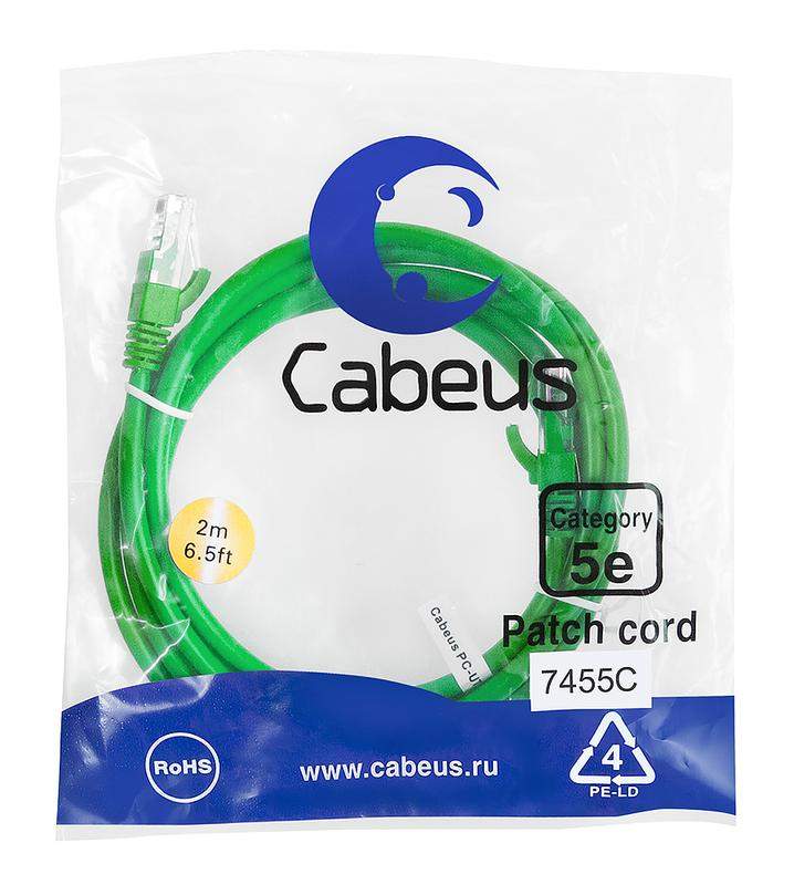 патч-корд u/utp кат.5e pc-utp-rj45-cat.5e-2m-gn-lszh 2xrj45/8p8c неэкранир. lszh 2м зел. cabeus 9507c от BTSprom.by