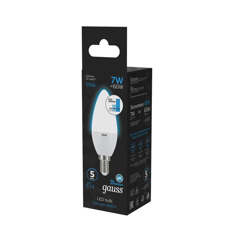 Лампа светодиодная Black 7Вт свеча 6500К холод. бел. E14 550лм шаг. диммир. GAUSS 103101307-S фото в каталоге от BTSprom.by