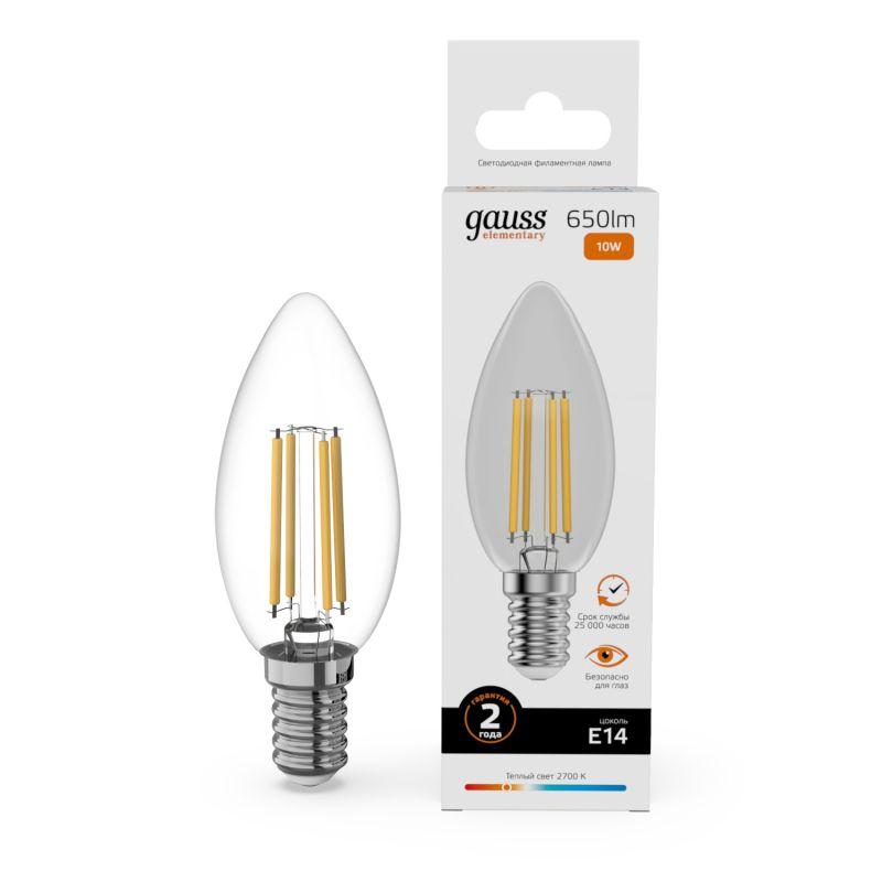 лампа светодиодная филаментная filament elementary 10вт свеча 2700к е14 650лм gauss 32110 от BTSprom.by