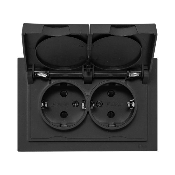  Розетка 2-м СП Эпика 16А IP44 с заземл. защ. шторки с рамкой с крышками механизм черн. EKF UP1-SOB-211-44 фото в каталоге от BTSprom.by