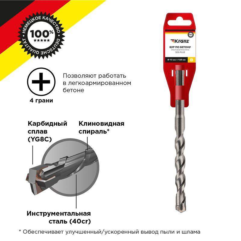 бур по бетону 12х160мм крестовая пластина sds plus kranz kr-91-0821 от BTSprom.by