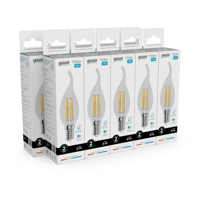 Лампа светодиодная филаментная Filament Elementary 12Вт свеча на ветру 4100К Е14 750лм GAUSS 42122 фото в каталоге от BTSprom.by
